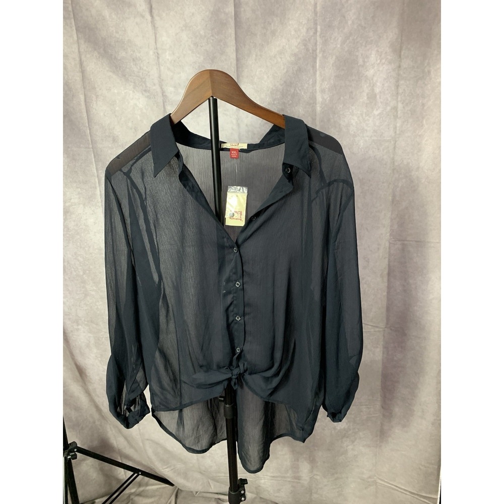 Y2K LEI vintage Navy Blue Sheer Flowy Button Up Blouse